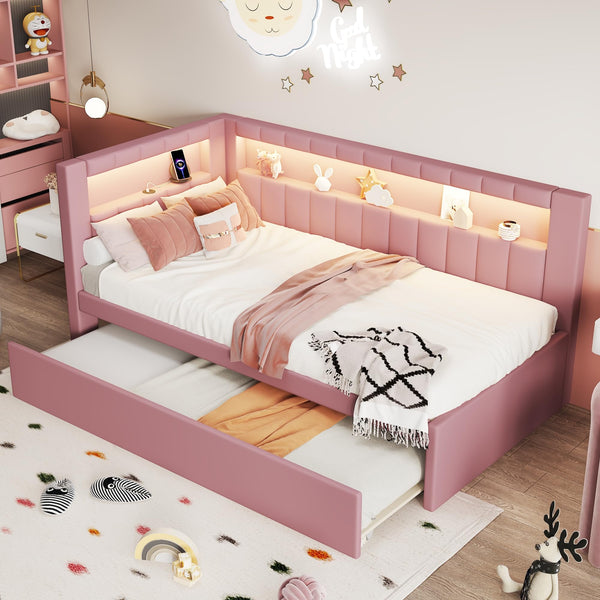 L-Shaped Upholstered Daybed with Trundle, USB Ports & LED Lighting