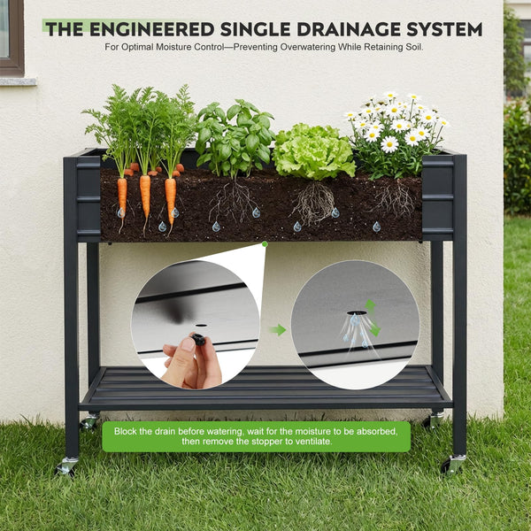 32" Tall Galvanized Raised Garden Bed with Wheels & Shelf