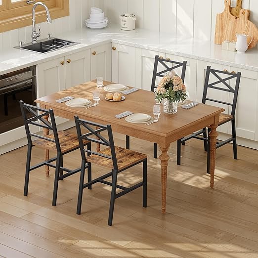 Rustic Dining Chair Set with Metal Frame & Backrest