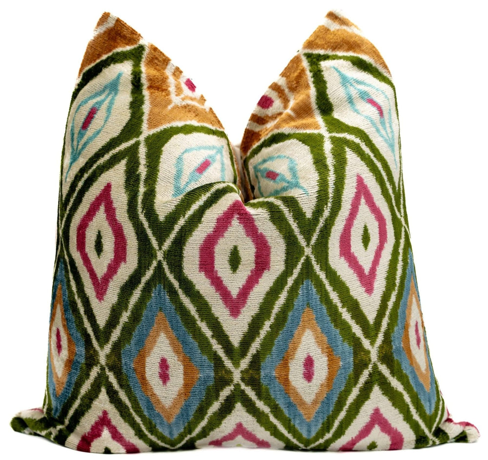 Handmade Multicolor Velvet Throw Pillow – Diamond Ikat, 20x20"