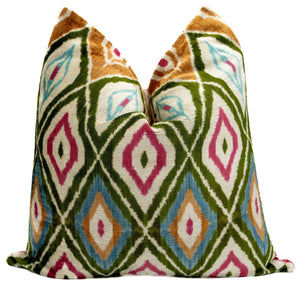 Handmade Multicolor Velvet Throw Pillow – Diamond Ikat, 20x20"
