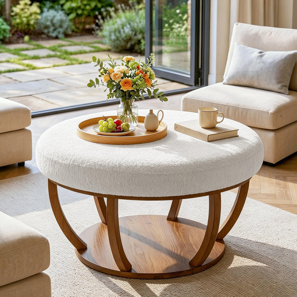 Round Storage Ottoman Coffee Table with Wood Base