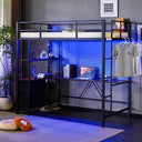 Metal Loft Bed with Desk, LED Lights & Charging Stations