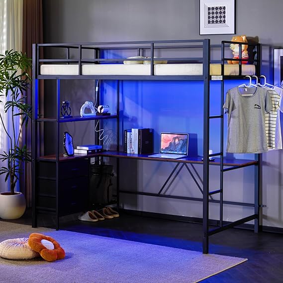 Metal Loft Bed with Desk, LED Lights & Charging Stations