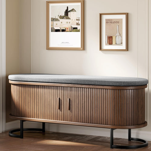 Storage Bench with Cushion and Sliding Doors