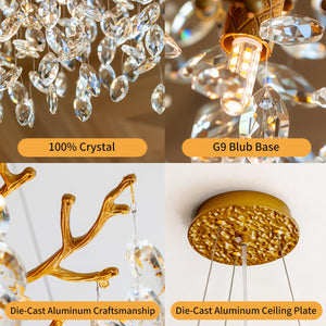 23.6" Gold Crystal Tree Branch Chandelier – 8-Light Pendant