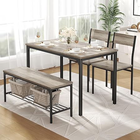 Dining Table Set with Bench – 3 or 4 Piece, Black or Grey