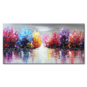 Hand Painted Lake Landscape Canvas Wall Art – Colorful Tree Thick Texture Oil Painting