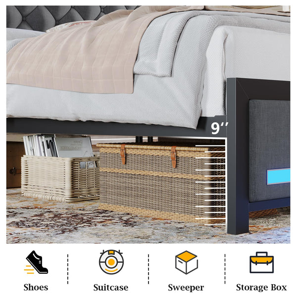 King Size Bed Frame with LED Lights & Storage Headboard