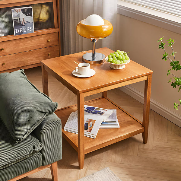 Solid Wood Square End Table with 2-Tier Storage Shelf