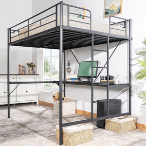 Metal Loft Bed with Desk, LED Lights & Charging Stations