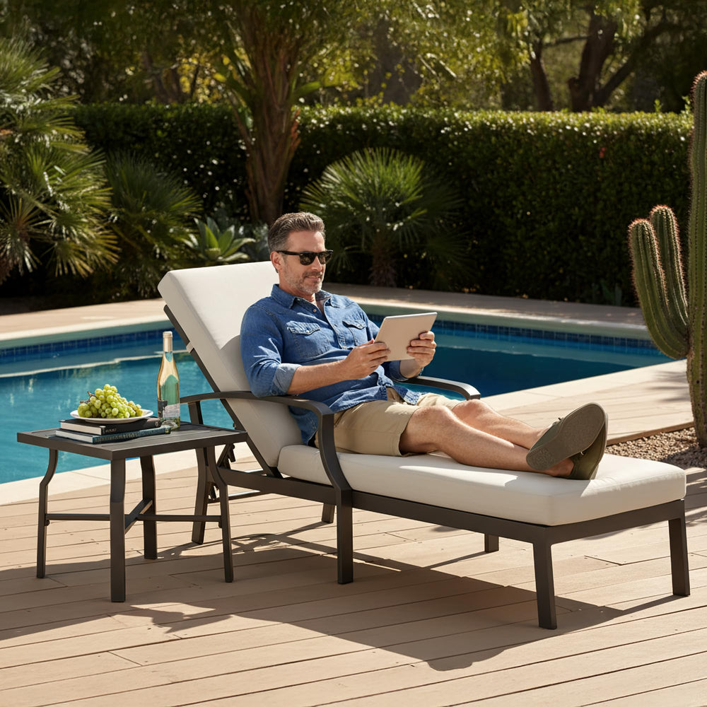 Outdoor Patio Chaise Lounge Chair with Adjustable Backrest & Removable Cushion