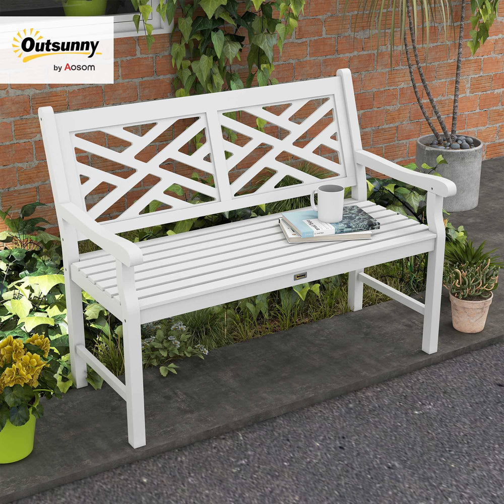 Outdoor Wood Patio Bench – 2-Person Slatted Poplar Seat with Armrests