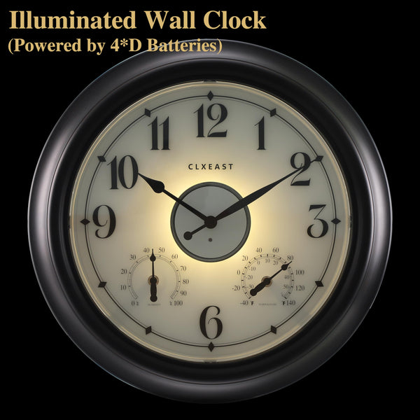 18-Inch Illuminated Outdoor Wall Clock with Thermometer & Hygrometer