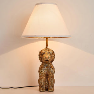 Resin Doodle Dog Table Lamp with Fabric Shade – Golden Sculptural Bedside Accent Light