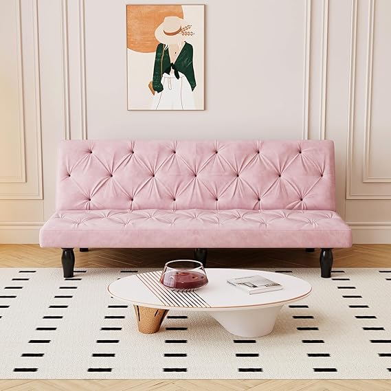 Convertible Velvet Futon Sofa Bed with Cup Holder