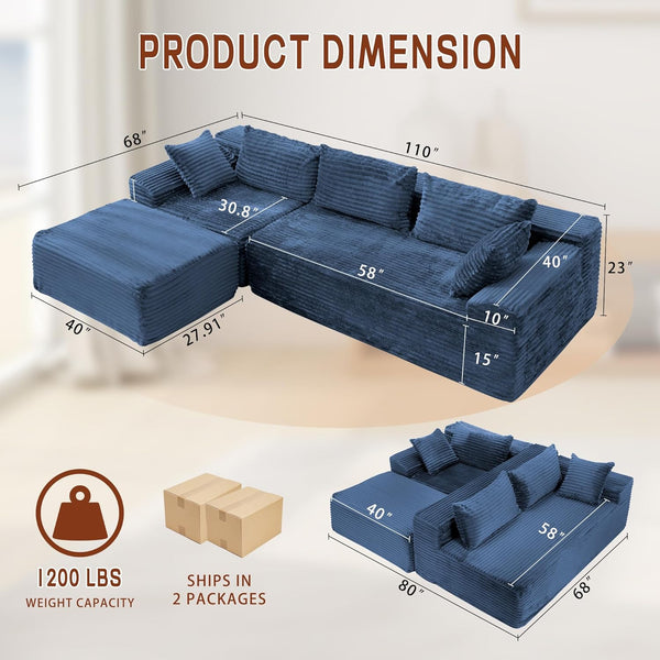 L-Shaped Modular Sectional Sofa with Chaise – Corduroy, Deep Seat, No Assembly