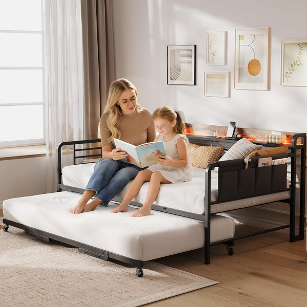 Twin Daybed with Pop-Up Trundle, RGB LED Headboard & Charging Station