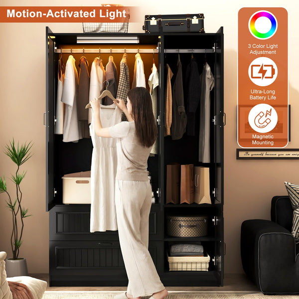 3-Door Wardrobe Armoire with Mirrors, LED Lights & 2 Drawers – Black