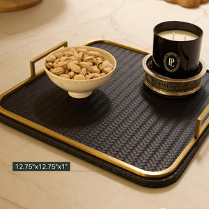 Vegan Leather Decorative Tray with Brushed Brass Handles