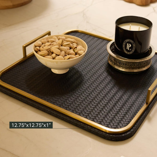 Vegan Leather Decorative Tray with Brushed Brass Handles