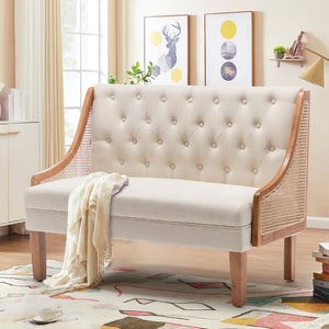 Mid-Century Modern Settee Loveseat with Rattan Arms & Tufted Linen Back