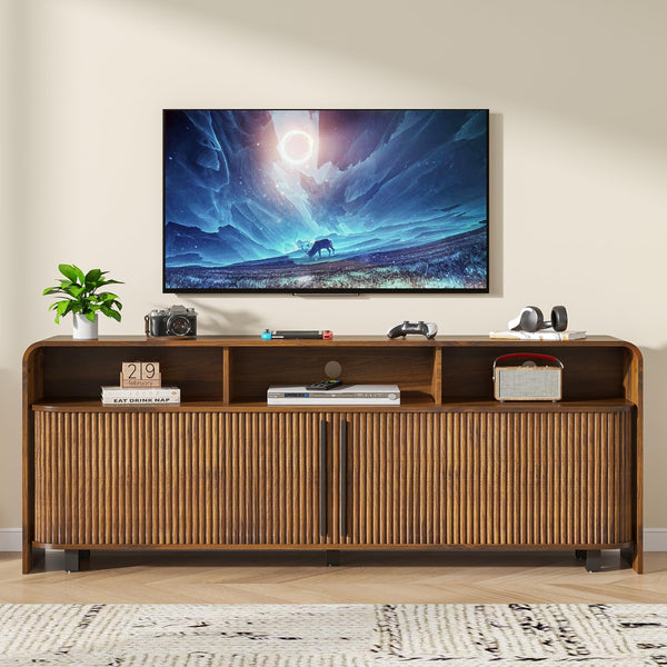 Fluted TV Stand with Sliding Doors & Adjustable Shelves