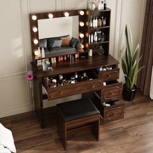 42" Walnut Brown Makeup Vanity Desk with Lighted Mirror & Charging Station
