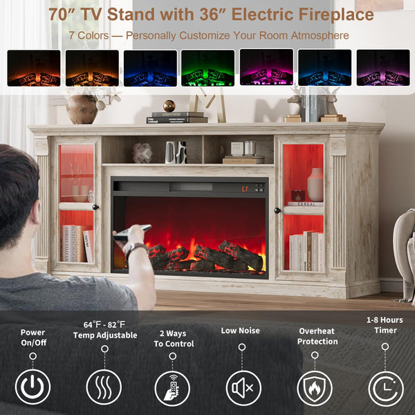 70" Farmhouse TV Stand with 36" Electric Fireplace