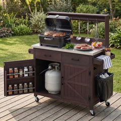 Outdoor Kitchen Island with High Shelf and Storage Cabinet