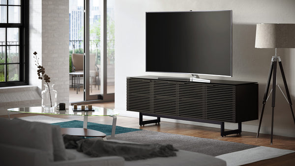 79.25" TV Stand with Louvered Doors, Soundbar Shelf & Cable Management