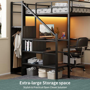 Full Size Metal Loft Bed with Desk, Storage & LED Light