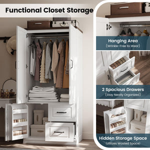Tall Wardrobe Closet with Drawers & Hanging Rod