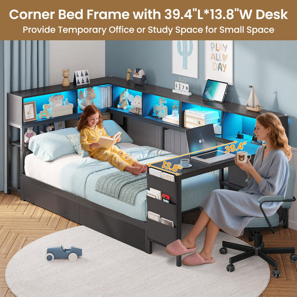 Twin Corner Bed Frame with Desk & Storage