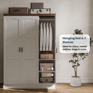 3-Door Wardrobe Closet with Mirror, Hanging Rods & Shelves – White