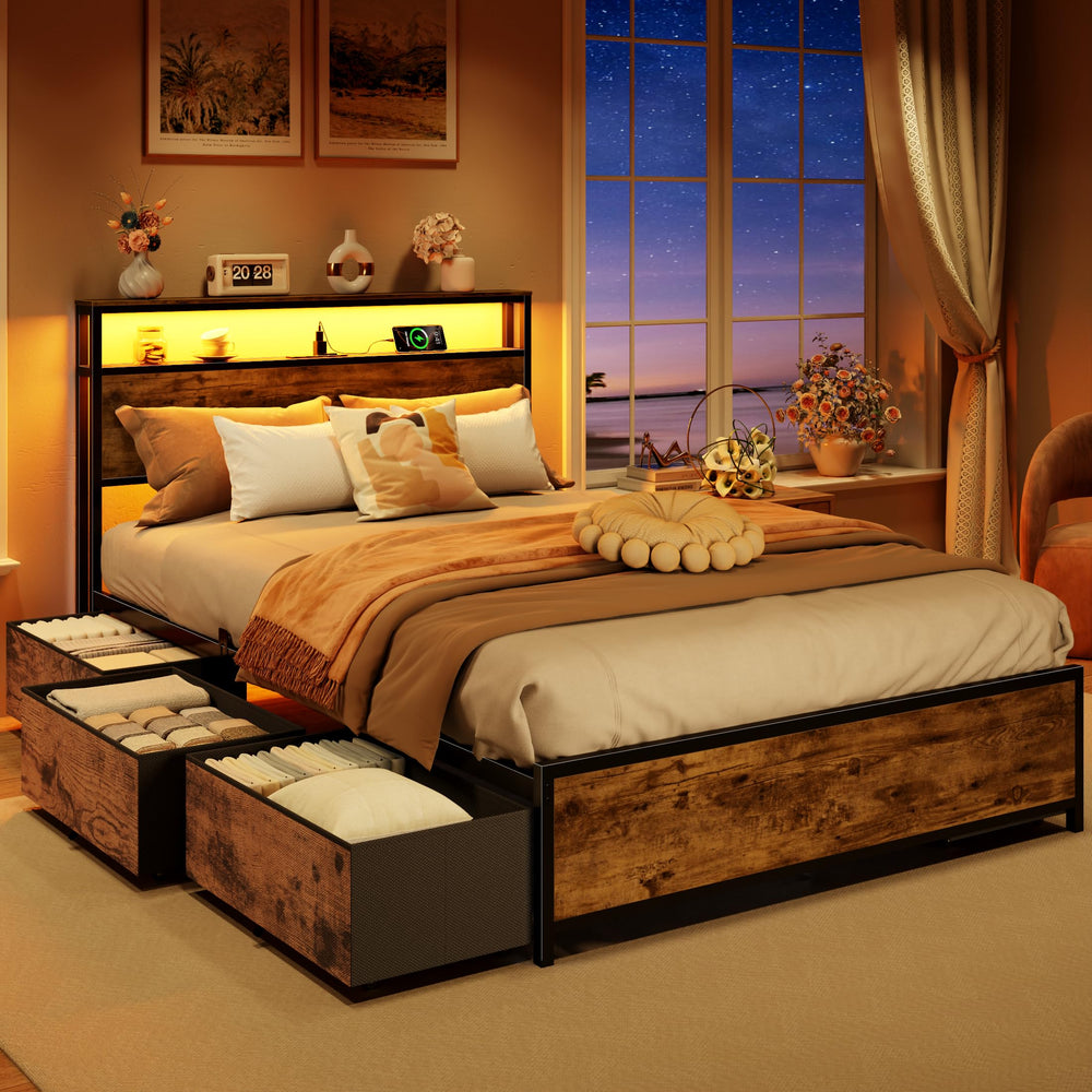 Full/Queen Platform Bed Frame with Storage Headboard, 6 Drawers & LED Lights