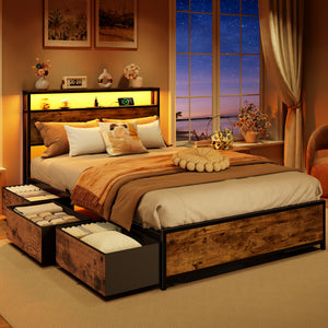 Full/Queen Platform Bed Frame with Storage Headboard, 6 Drawers & LED Lights