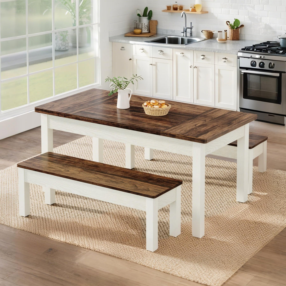 Farmhouse Dining Table Set with 2 Benches, Seats 4–6