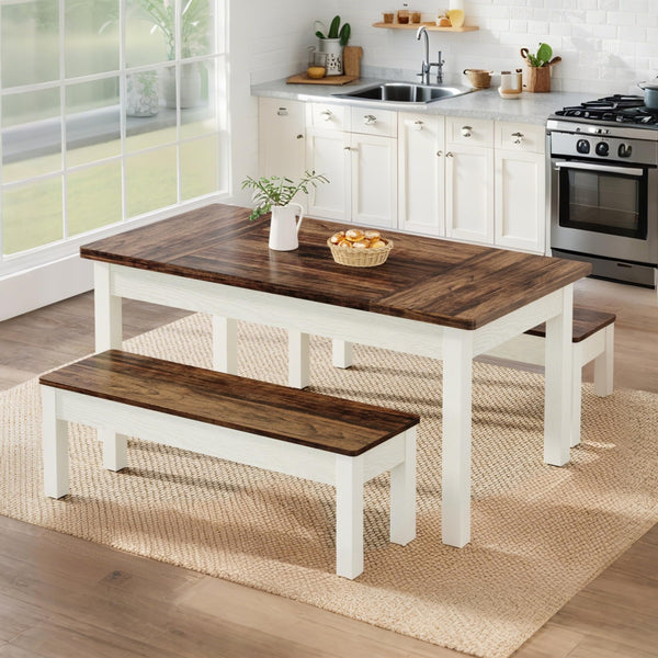 Farmhouse Dining Table Set with 2 Benches, Seats 4–6