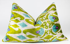 Velvet Silk Ikat Throw Pillow | 16x24" | Green & Blue