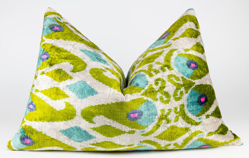 Velvet Silk Ikat Throw Pillow | 16x24" | Green & Blue