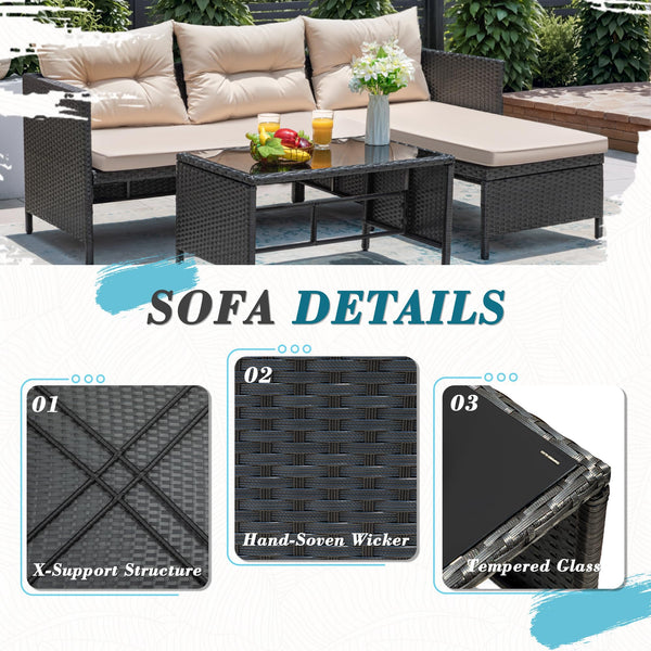 3-Piece Outdoor Wicker Rattan Sectional Sofa Set with Coffee Table