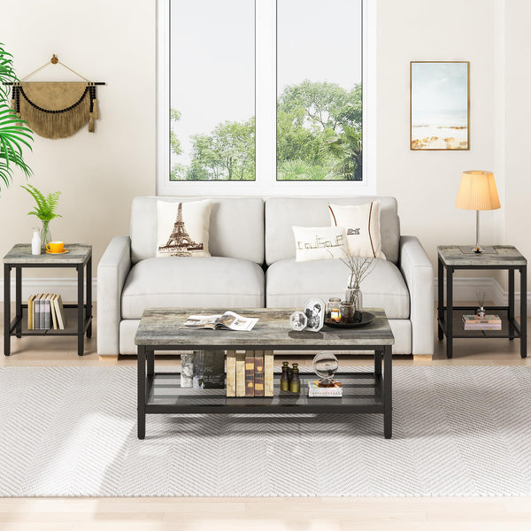 3-Piece Coffee & End Table Set – Metal Frame