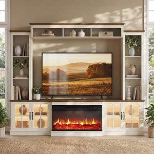 98" Farmhouse Entertainment Center with Fireplace, TV Stand & Barn Doors