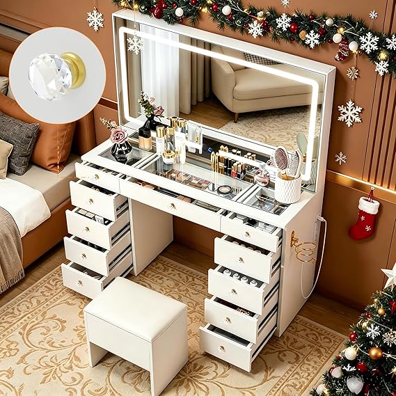 11-Drawer Vanity Desk with Foldable Mirror & LED Lights