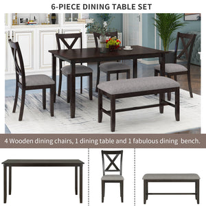 6-Piece Farmhouse Dining Table Set with Bench and Cushioned Chairs