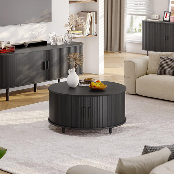 Round Coffee Table with Storage & 360° Sliding Door
