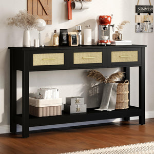 Rattan Console Table with 3 Drawers – Narrow Entryway Sofa Table with Storage