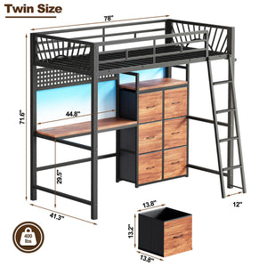 Twin Loft Bed with Desk, Storage Drawers & LED Lights