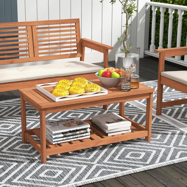 2-Tier Solid Wood Outdoor Coffee Table with Storage Shelf